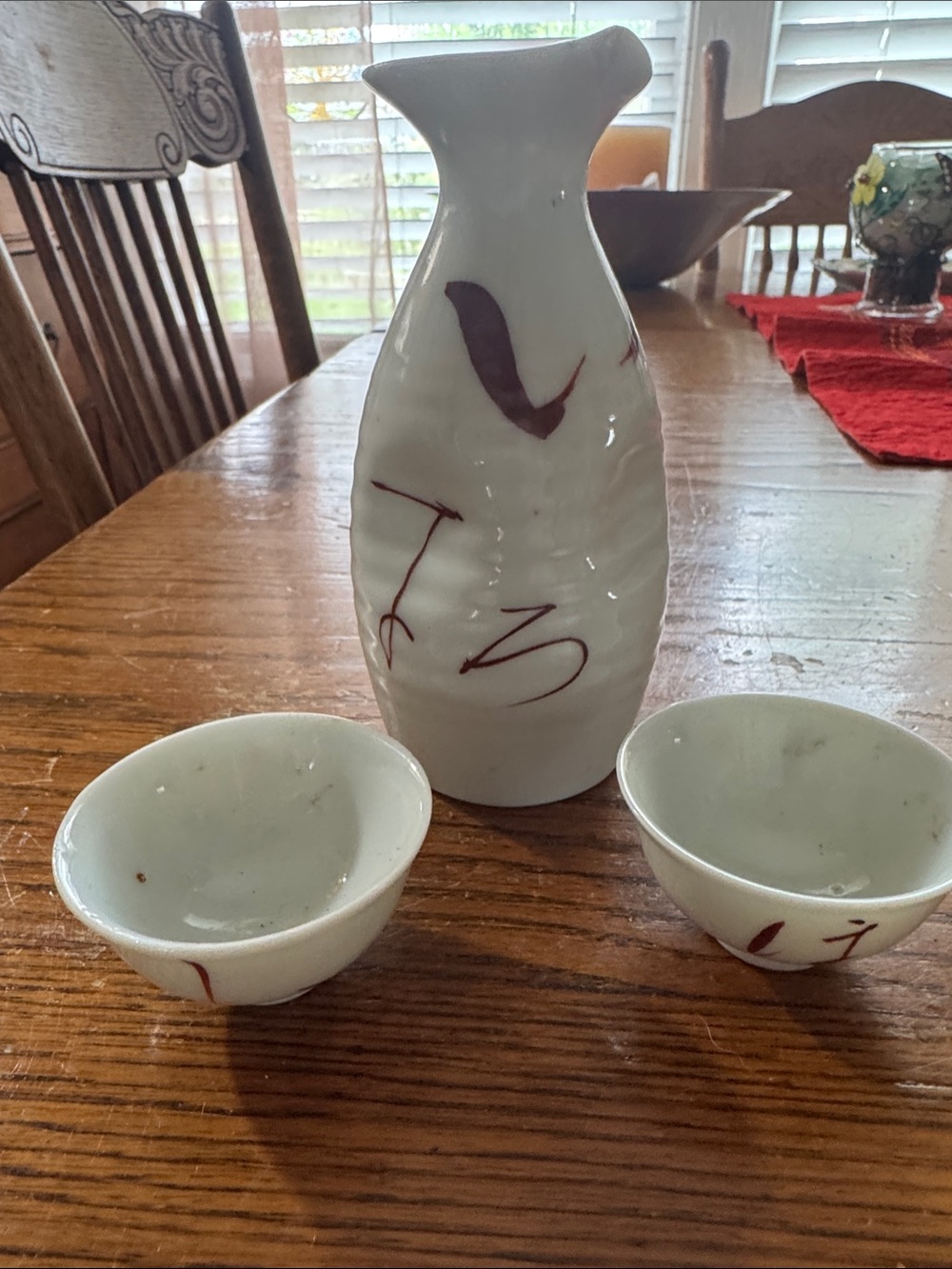 White and Burgundy Ceramic Sake Set - Brand Unknown